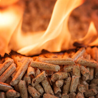 Closeup of Pile of coniferous pellets in flames - wooden biomass